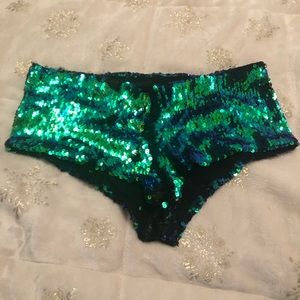 Blue/green sequin booty shorts